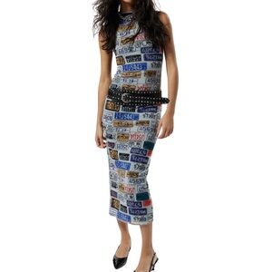 Super Cool License Plate Print Sleeveless Mock Neck Slim Dress